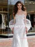 Organza White Spaghetti Straps Trumpet Mermaid Wedding Dress