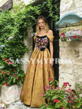 Off The Shoulder A Line Gold Appliques Prom Dress
