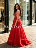 Red Beading Tulle V Neack A Line Prom Dress