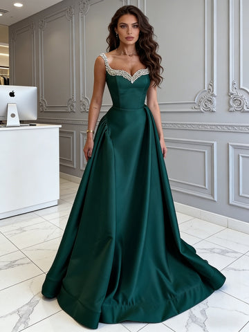 Green Sweetheart Beading A Line Satin Prom Dress