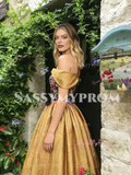 Off The Shoulder A Line Gold Appliques Prom Dress