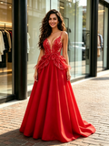 Red Beading Tulle V Neack A Line Prom Dress