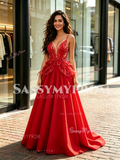Red Beading Tulle V Neack A Line Prom Dress