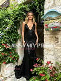 Black Sequin V Neck Trumpet Mermaid Prom Dress