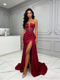 Spaghetti Straps Satin Burgundy Beading Mermaid Prom Dress With Slit