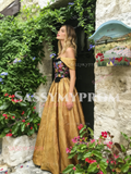 Off The Shoulder A Line Gold Appliques Prom Dress