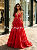 Red Beading Tulle V Neack A Line Prom Dress