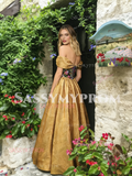 Off The Shoulder A Line Gold Appliques Prom Dress