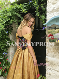 Off The Shoulder A Line Gold Appliques Prom Dress