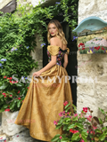 Off The Shoulder A Line Gold Appliques Prom Dress