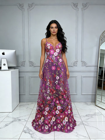 Purple Floral Lace Spaghetti Straps A Line Prom Dress
