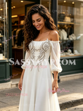 Off The Shoulder Long Sleeve Chiffon Beading Wedding Dress