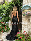 Black Sequin V Neck Trumpet Mermaid Prom Dress