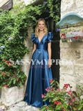 V Neck Short Sleeve Blue A Line Satin Prom Dress