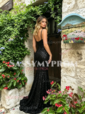 Black Sequin V Neck Trumpet Mermaid Prom Dress