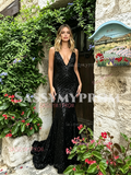 Black Sequin V Neck Trumpet Mermaid Prom Dress