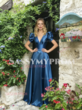 V Neck Short Sleeve Blue A Line Satin Prom Dress