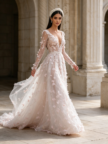 Sequin Floral V Neck Pink Long Sleeve Tulle Prom Dress