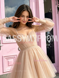Champagne Tulle Spaghetti Strap Long Sleeve Homecoming Dress