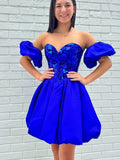 Puffy Sleeve Blue Sweetheart Cut Glass Homecoming Dress