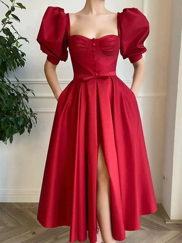 Puffy Sleeve Buttons Red Satin Prom Dress With Pockets