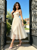 Spaghetti Straps A Line Tulle Tea Length White Homecoming Dress