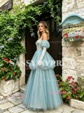 Puffy Sleeves Blue Tulle Layer A Line Beading Prom Dress