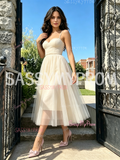 Spaghetti Straps A Line Tulle Tea Length White Homecoming Dress