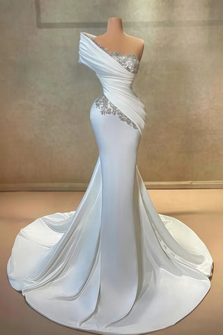 Trumpet Mermaid Beading One Shoulder Ruched White Prom Dress