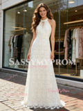 Keyhole A Line Simple Lace Halter Wedding Dress