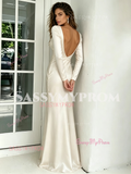 V Neck Open Back Elastic Satin Long Sleeve Wedding Dress