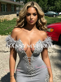 Gray Off The Shouler Feather Trumpet Mermaid Appliques Prom Dress
