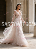 Sequin Floral V Neck Pink Long Sleeve Tulle Prom Dress