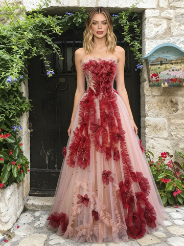 Red Ruffles A Line Sweetheart Tulle Prom Dress