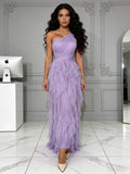 One Shoulder Tulle Sparkle Purple Ruffles A Line Prom Dress