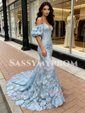 Blue Puffy Sleeve Mesh Trumpet Mermaid Lace Prom Dress