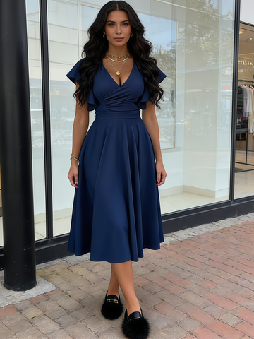 Navy Ruffles V Neck Chiffon Maxi Party Dress