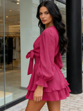 Pink V Neck Knotted Tiered Chiffon Long Sleeve Mini Dress