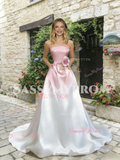 Strapless Pink Flower A Line Satin Prom Dress