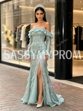 Tassel Green Long Sleeve Off The Shoulder Prom Dress With Slit