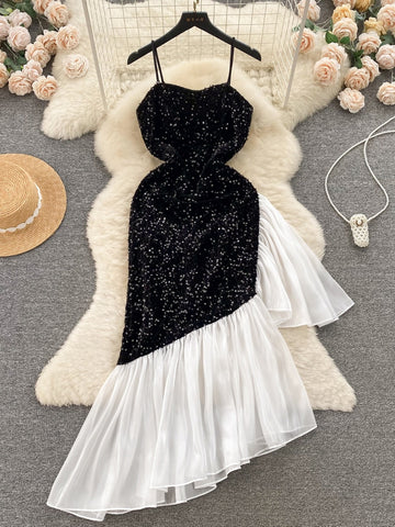 White Flare Hem Black Evening Dress