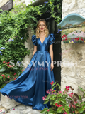 V Neck Short Sleeve Blue A Line Satin Prom Dress
