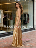 Gold Satin Ruched A Line Pleats V Neck Prom Dress