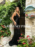 Black Sequin V Neck Trumpet Mermaid Prom Dress