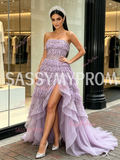 Lavender Strapless Tassel Sequin Ruffled Tulle Prom Dress