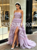 Lavender Strapless Tassel Sequin Ruffled Tulle Prom Dress