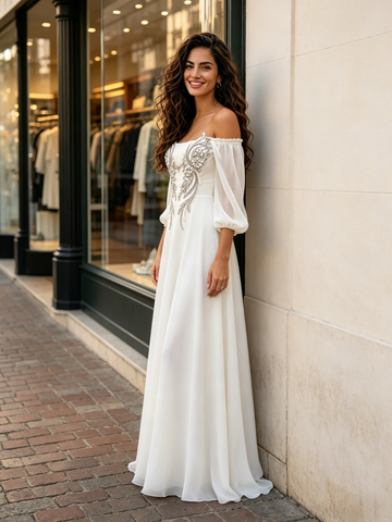 Off The Shoulder Long Sleeve Chiffon Beading Wedding Dress