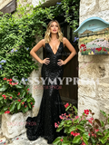 Black Sequin V Neck Trumpet Mermaid Prom Dress