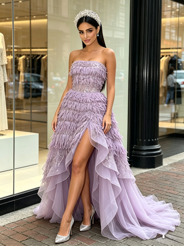 Lavender Strapless Tassel Sequin Ruffled Tulle Prom Dress