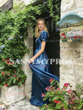 V Neck Short Sleeve Blue A Line Satin Prom Dress
